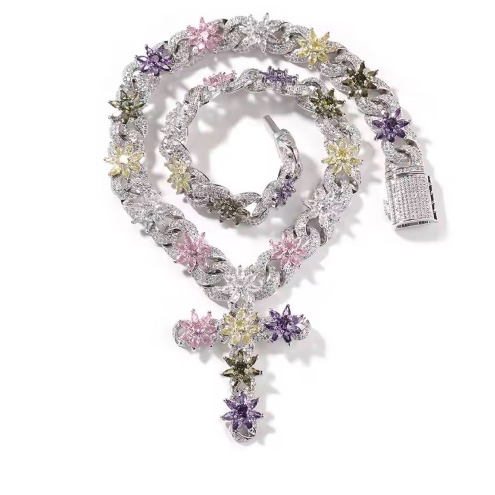 Multicolor Floral Cross Tennis Necklace 18inch